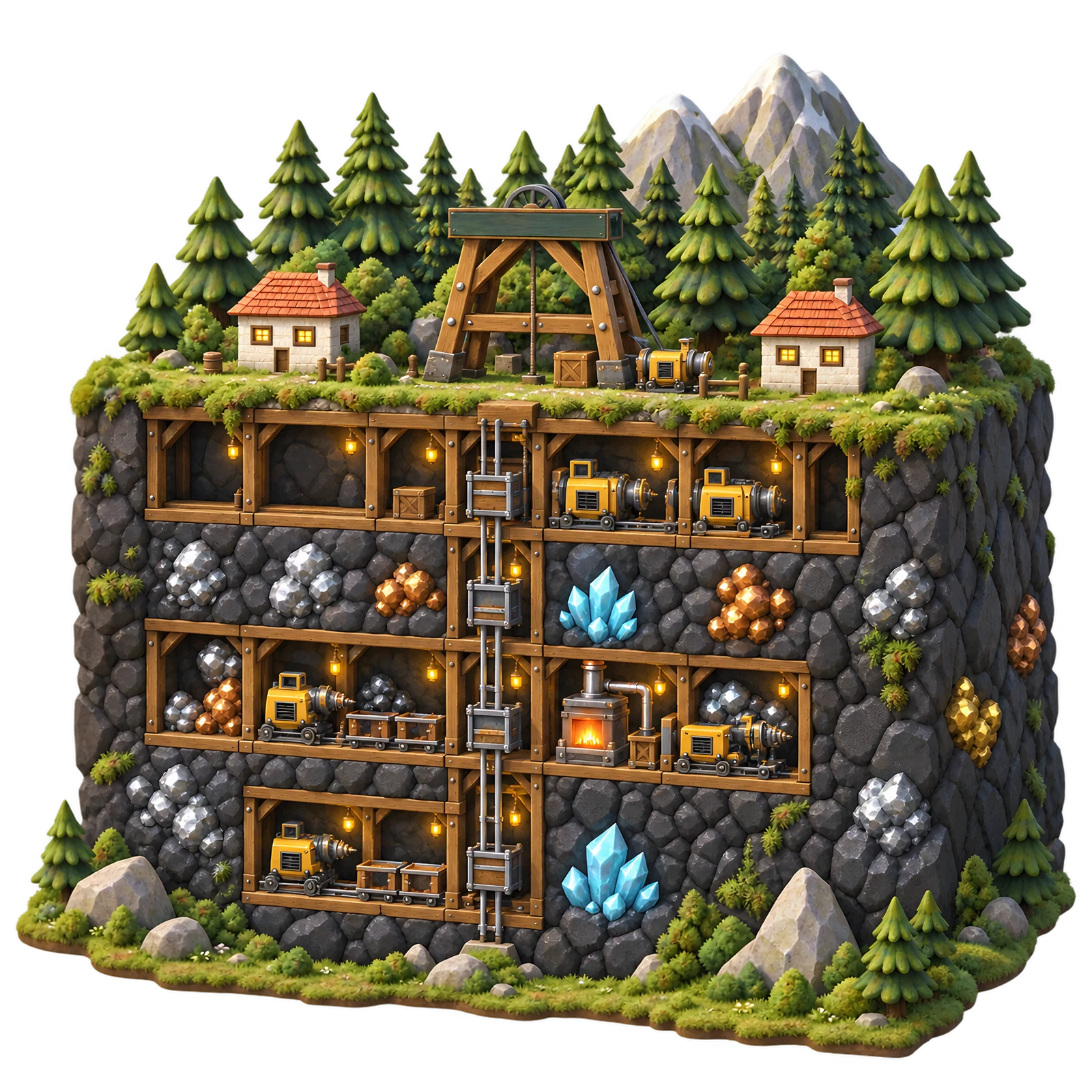 An Alpine mining diorama with tunnels, a lift shaft, machines and mineral deposits.